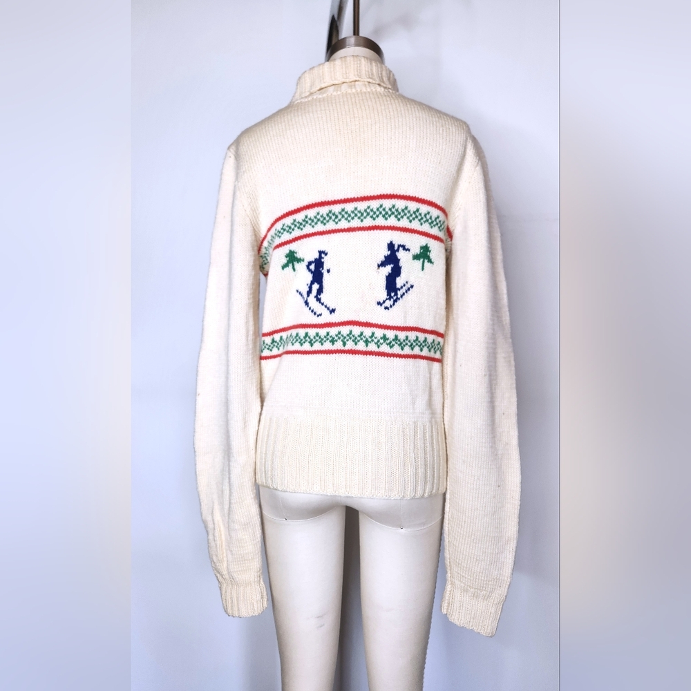 Vintage SKI Knit Sweater - Folklore Sweater - Novelty Knit Skiing Wool 70s XS S - Picture 6 of 8